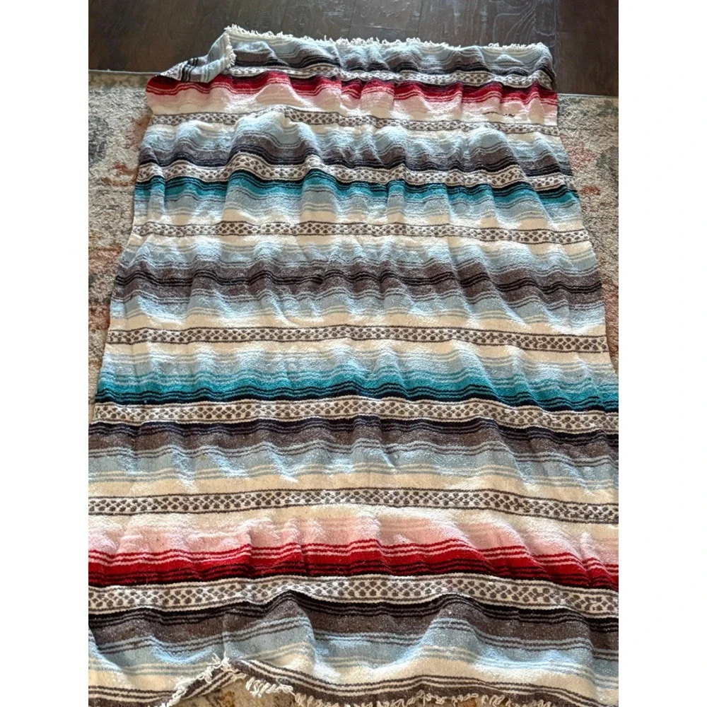 Mexican Falsa Blanket Woven Striped Yoga Beach Throw Blue Red White 42in Width